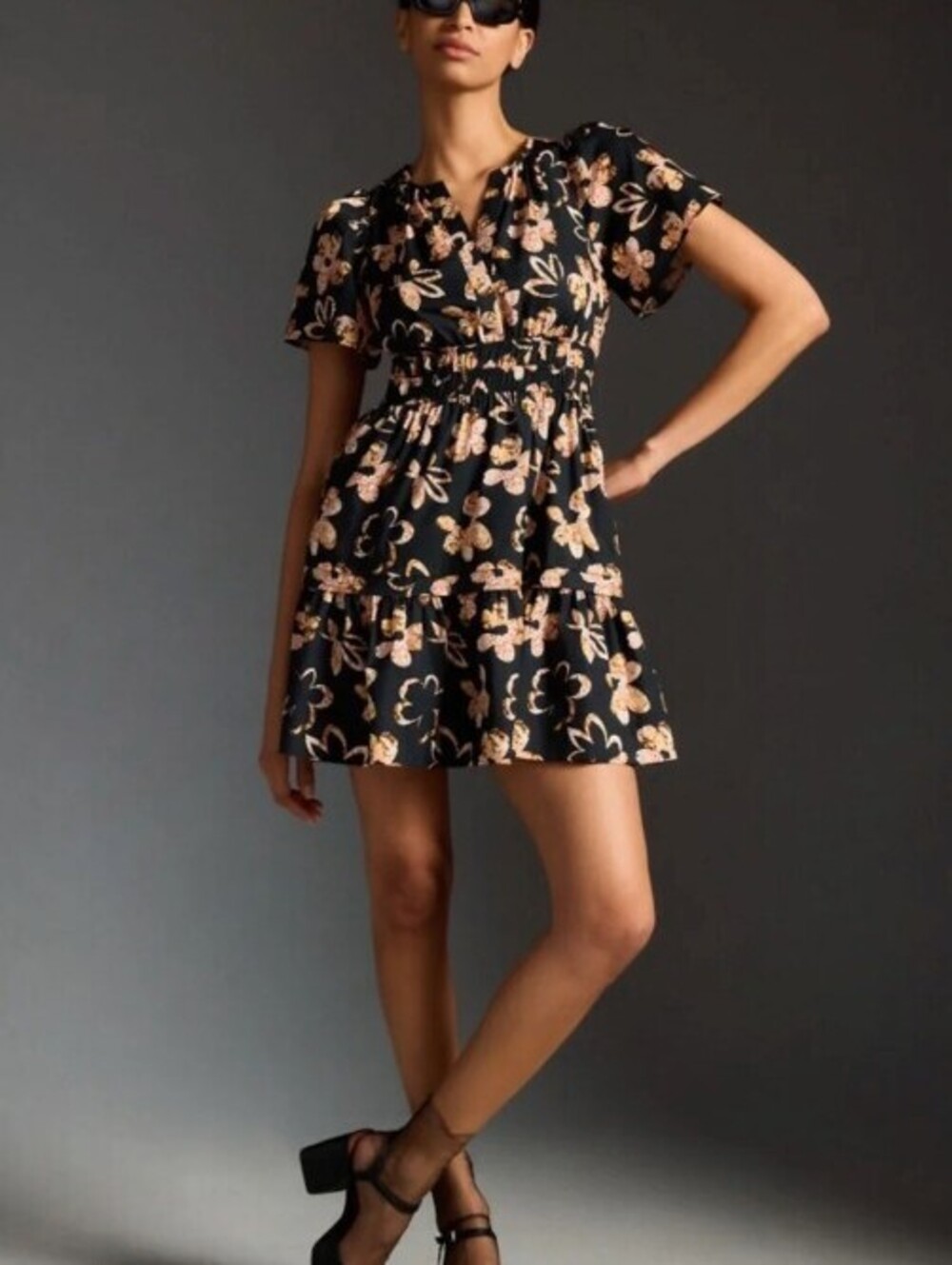 Anthropologie Black 100% Cotton Floral Print Somerset Mini Dress - Size - XL